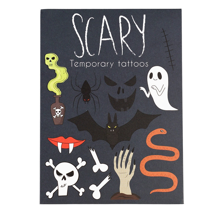Scary temporary tattoos packaging with various Halloween-themed designs on a dark background.