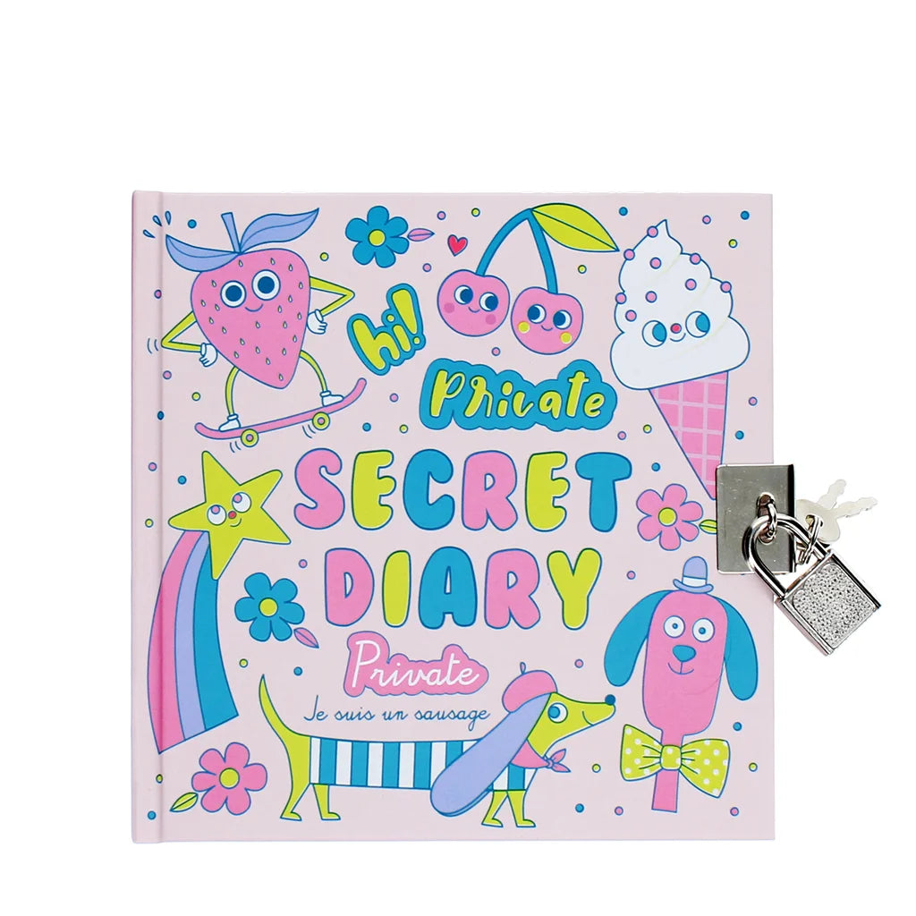 Colourful children's secret diary with lock on a white background