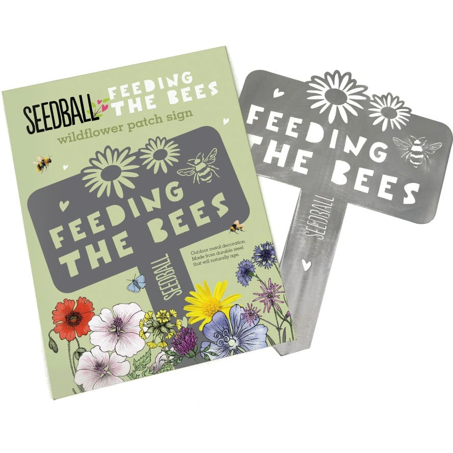 Feeding the Bees garden sign on white background - durable steel sign for bee-friendly gardens