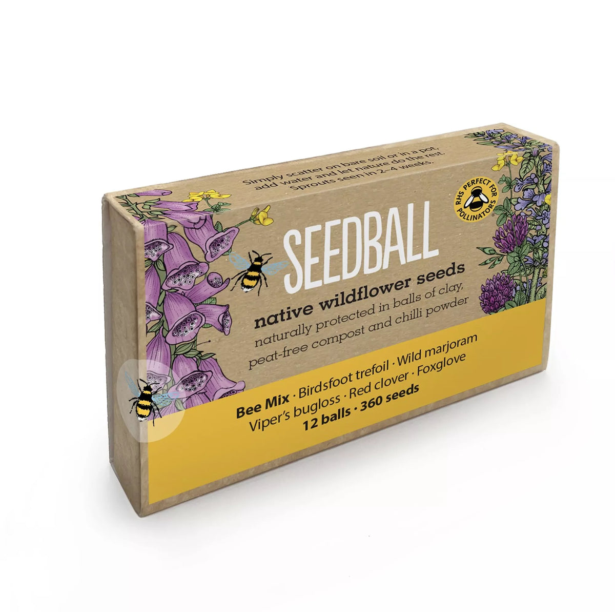 seedball Bee Mix native wildflower seeds in a brown kraft box with yellow and purple floral details 