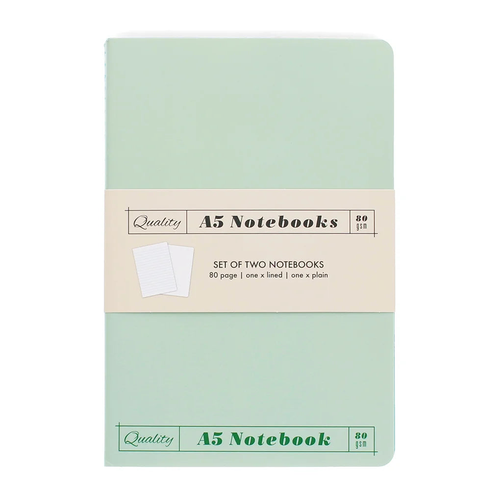 Set of two A5 notebooks with a light green cover and beige label on a white background
