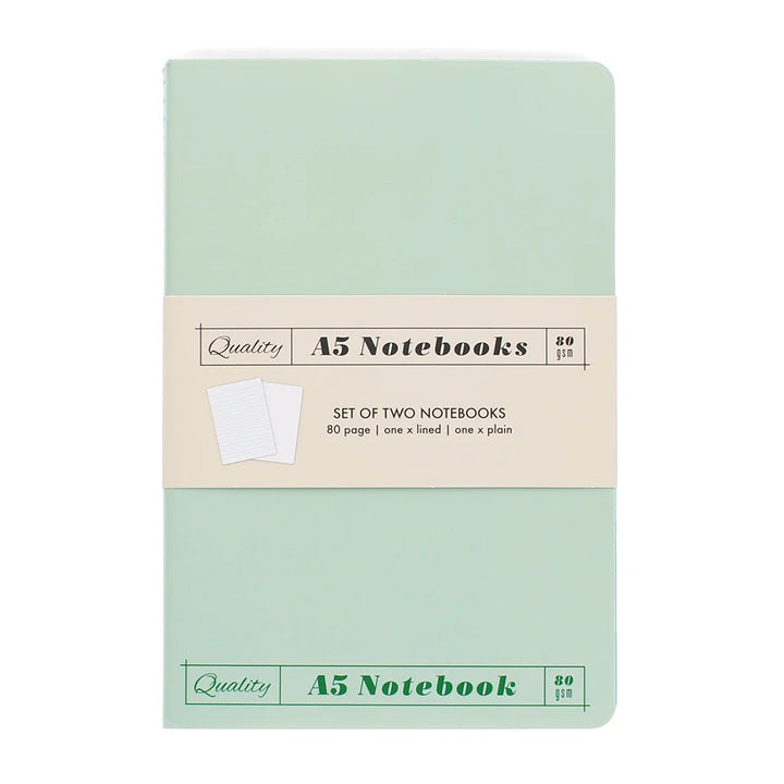Set of two A5 notebooks with a light green cover and beige label on a white background