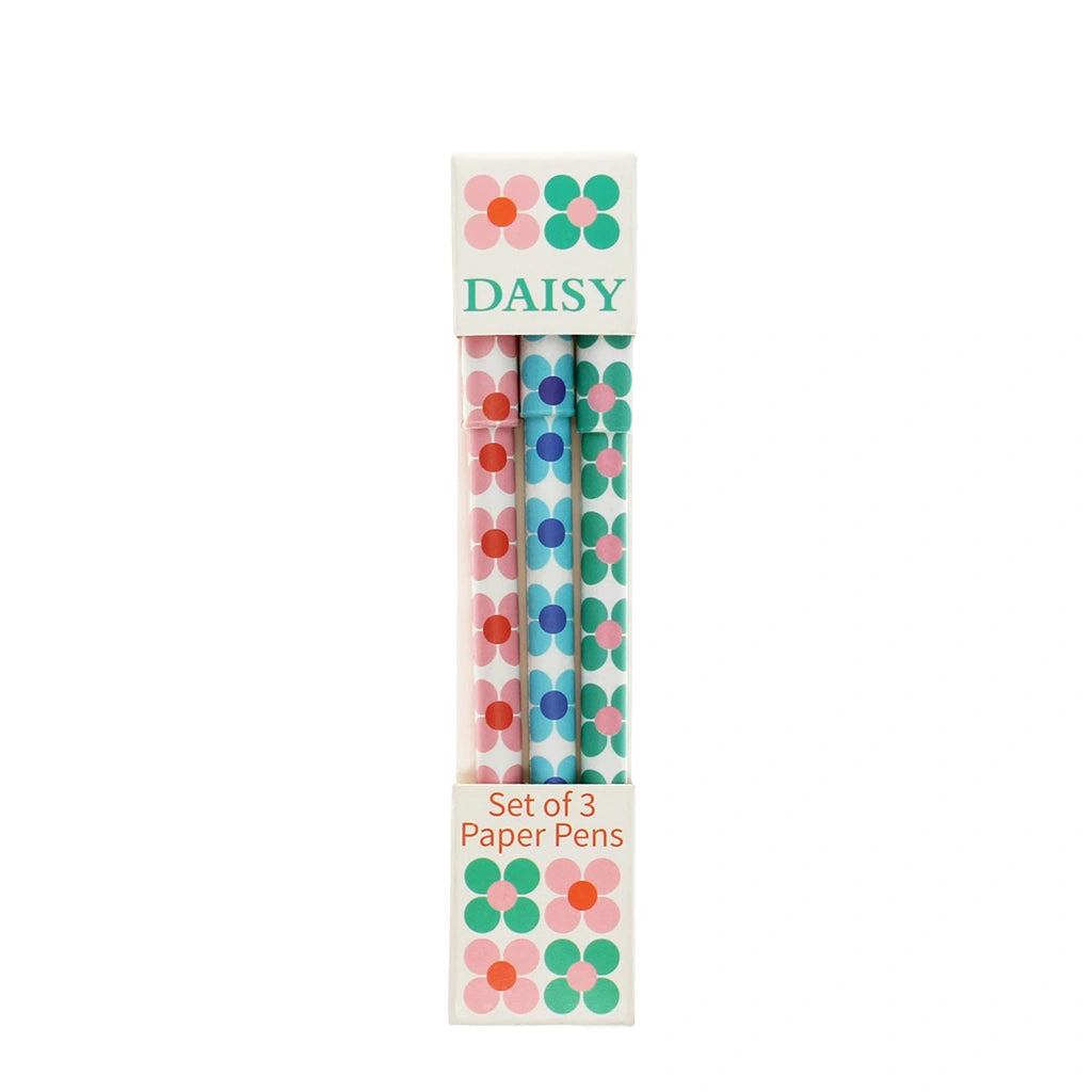 set of three retro daisy print paper pens in pink green and blue presented in a card gift box. Made by Rex London. 