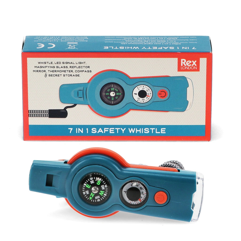 7-in-1 safety whistle with packaging displaying Rex London branding.