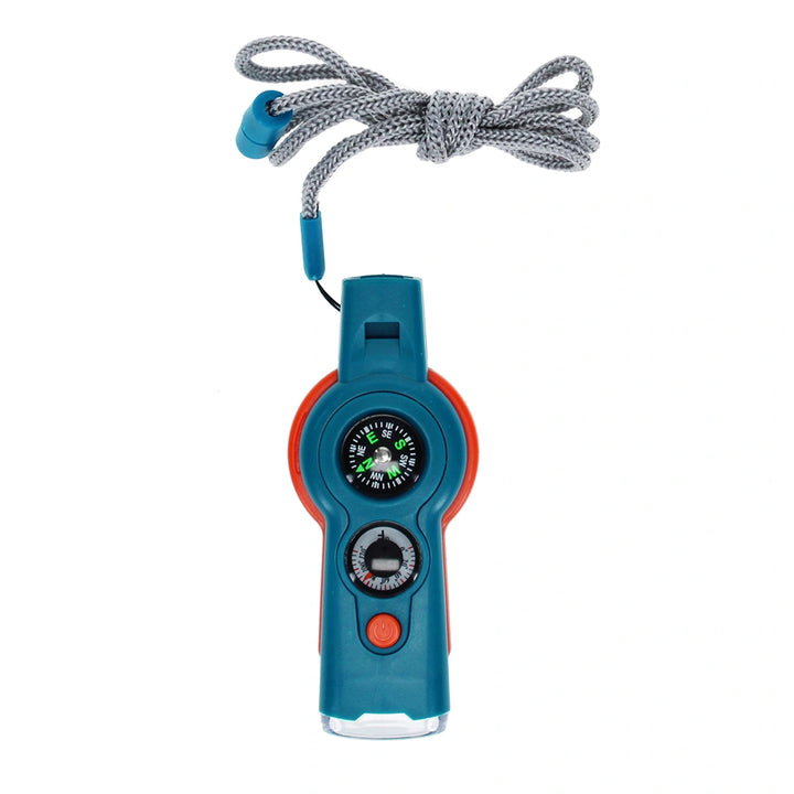 Multifunctional tool with compass, whistle, and flashlight on a white background