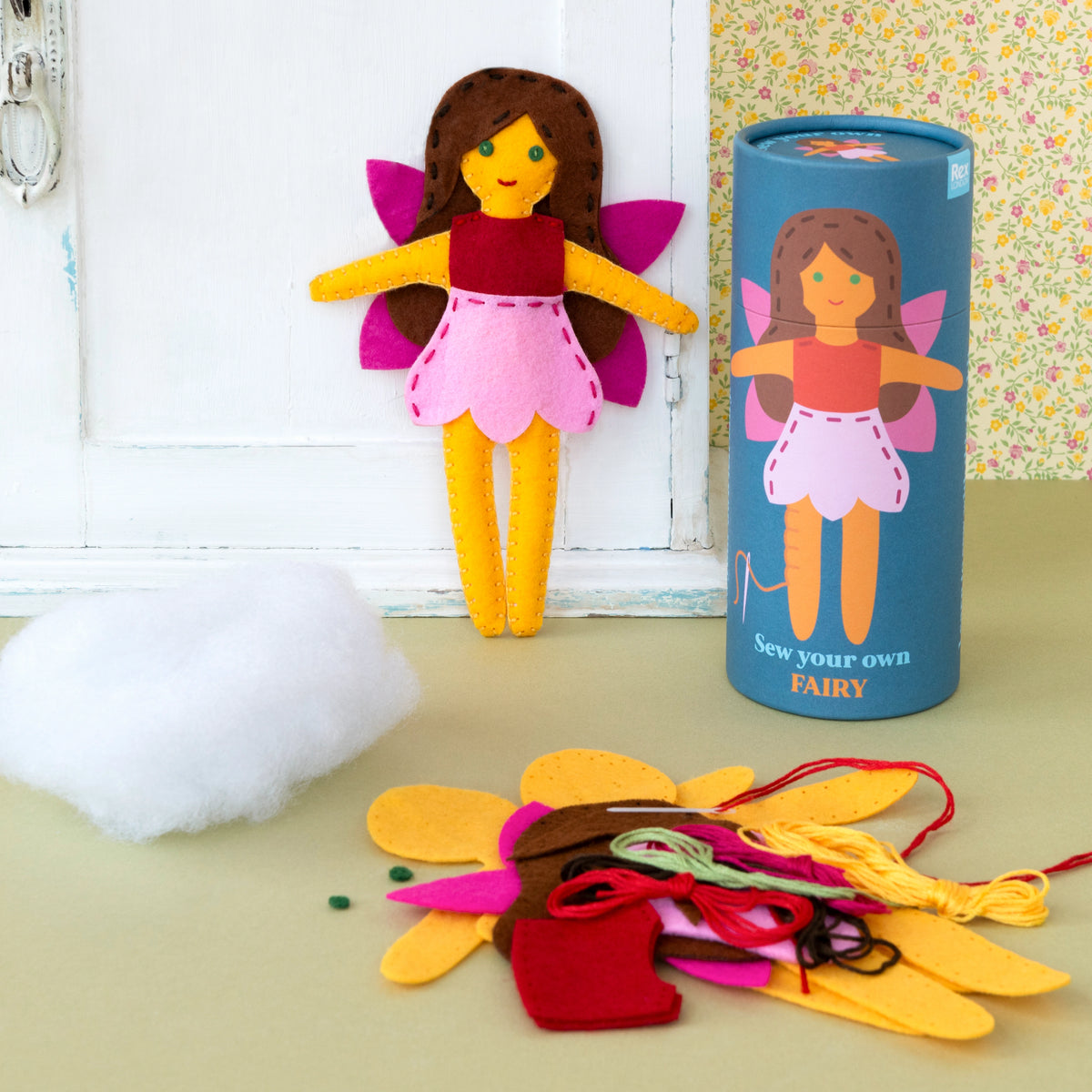 rex London kids sew your own fairy craft kit with box, kit contents and a finished felt fairy.