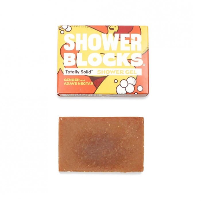 brown shower gel bar with brown and yellow packaging which reads 'shower blocks' in chunky writing. 
