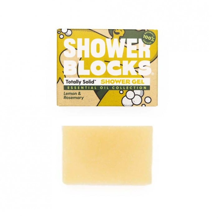 lemon + rosemary solid shower gel bar by shower blocks, with packaging on a  white background