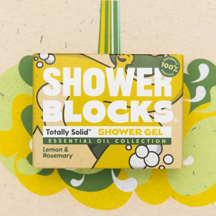 shower blocks shower gel bar in yellow and green box