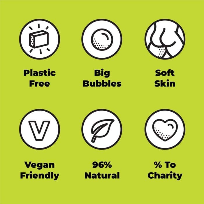 graphic with shower blocks benefits: vegan, plastic free, soft skin, natural
