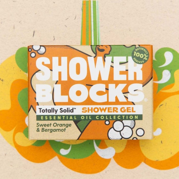 Shower Blocks sweet orange and bergamot shower gel bar and orange and green gift box packaging
