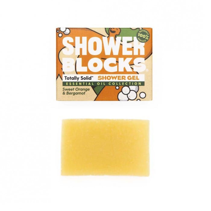 Shower Blocks sweet orange and bergamot solid shower gel bar with packaging 