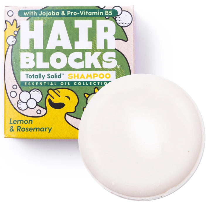 Hair Blocks shampoo bar with packaging on a white background