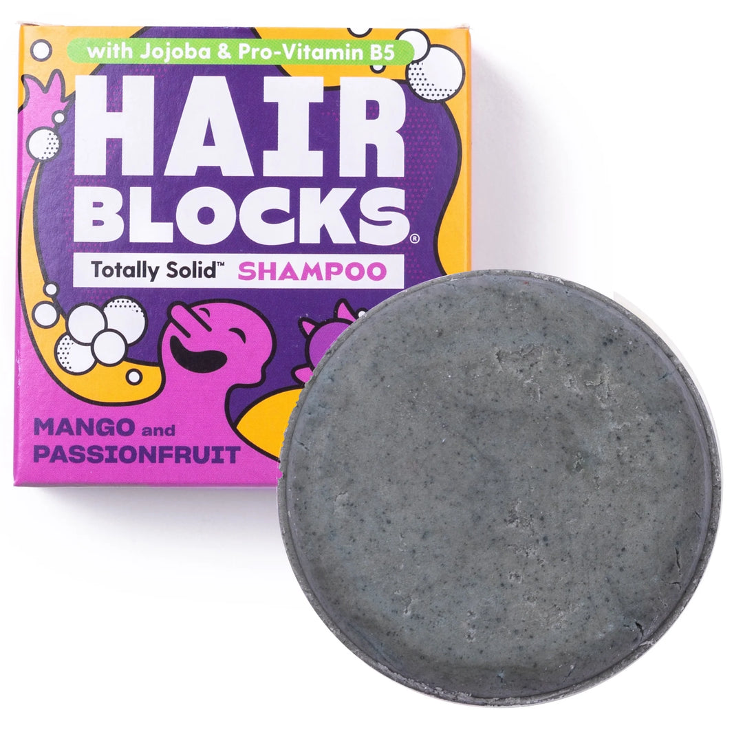 purple Hair Blocks shampoo bar with packaging on a white background
