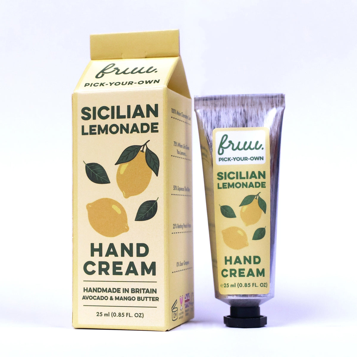 Sicilian Lemonade hand cream in an aluminium tube with illustrated packaging on a white background