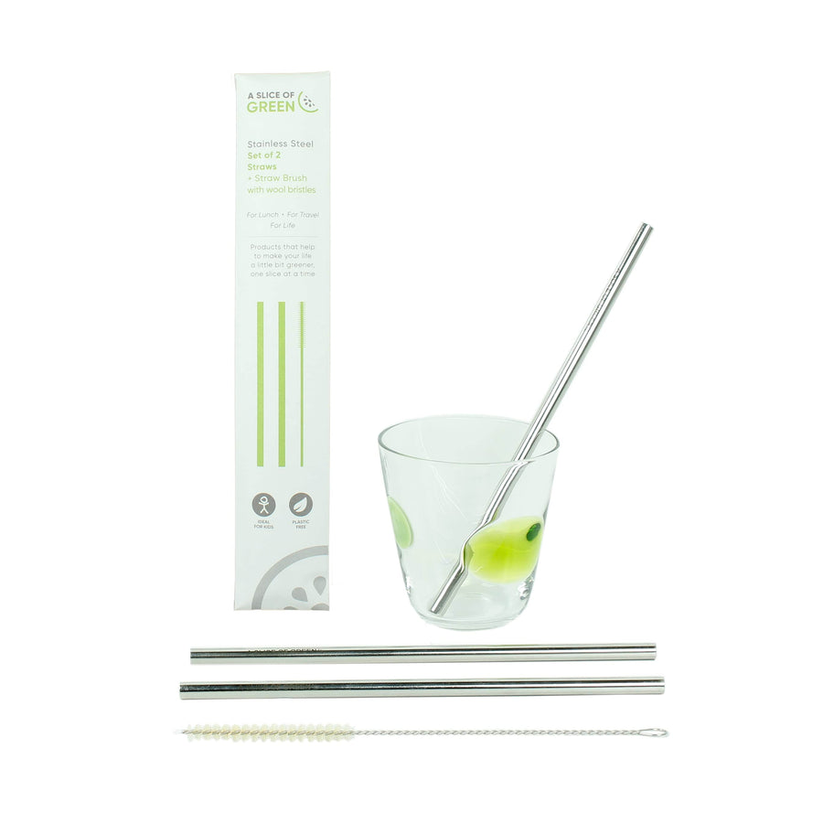 Slice Of Green Homeware > Utensils & Food Preparation > Stainless Steel Reusable Straws Set of Two Stainless Steel Straws + Brush