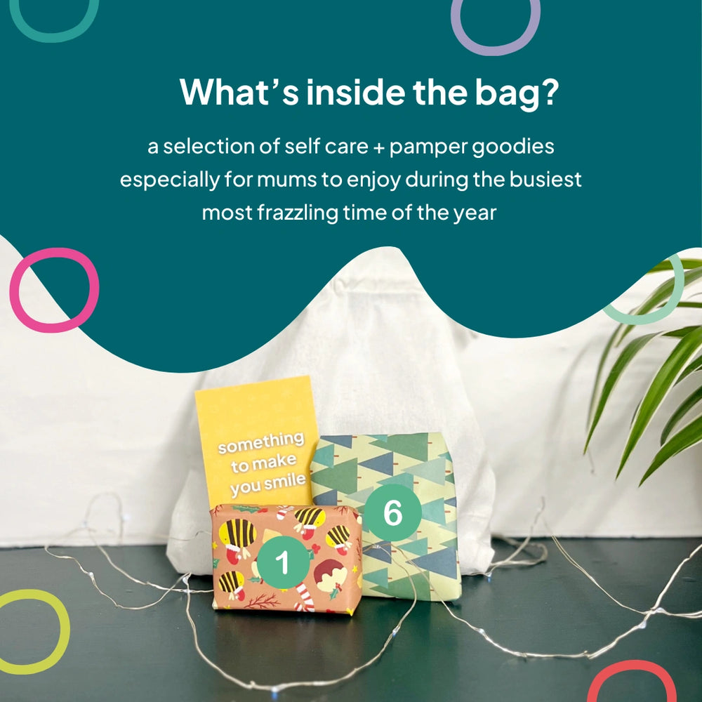 information about the smallkinf eco advent calendar. text reads 'what's inside the bag a selection of self care and pamper goodies esepcially for mums to enjoy during the busiest, most frazzling time of the year.