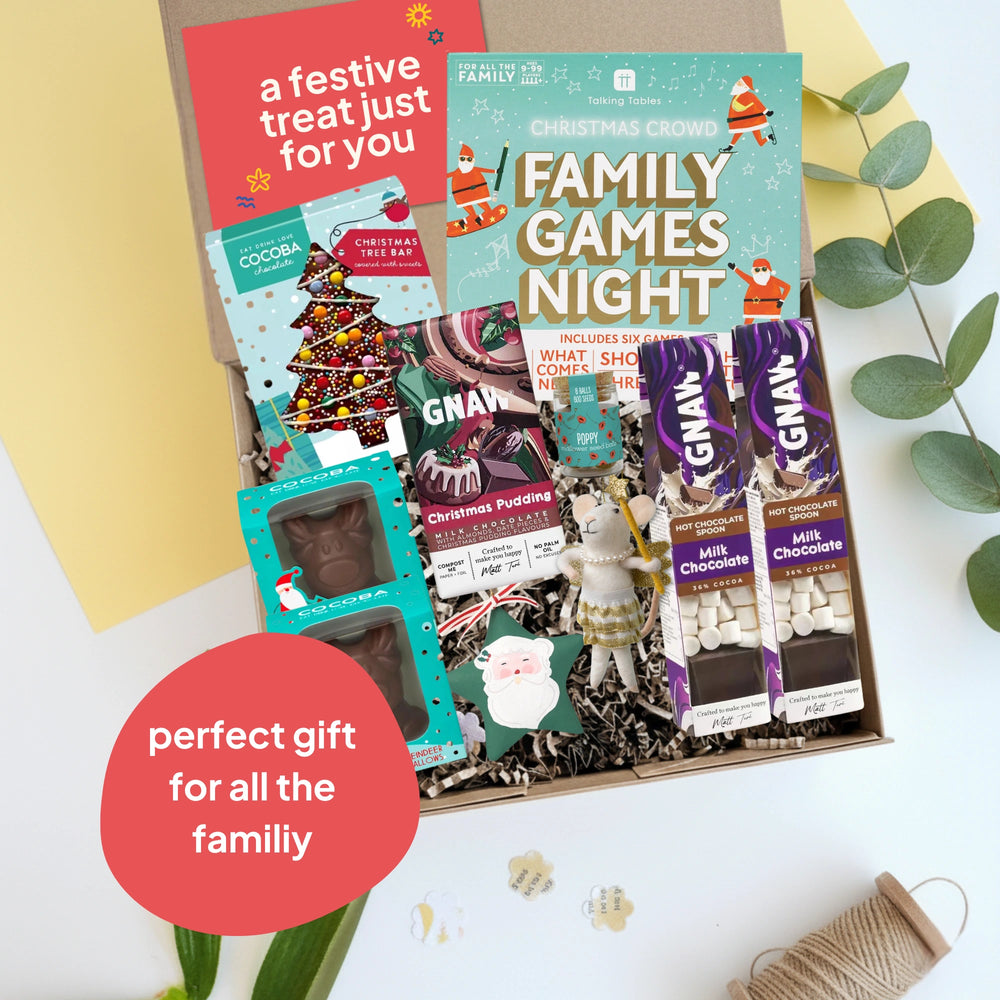 Christmas-themed gift set with chocolate bars and a festive card on a white background