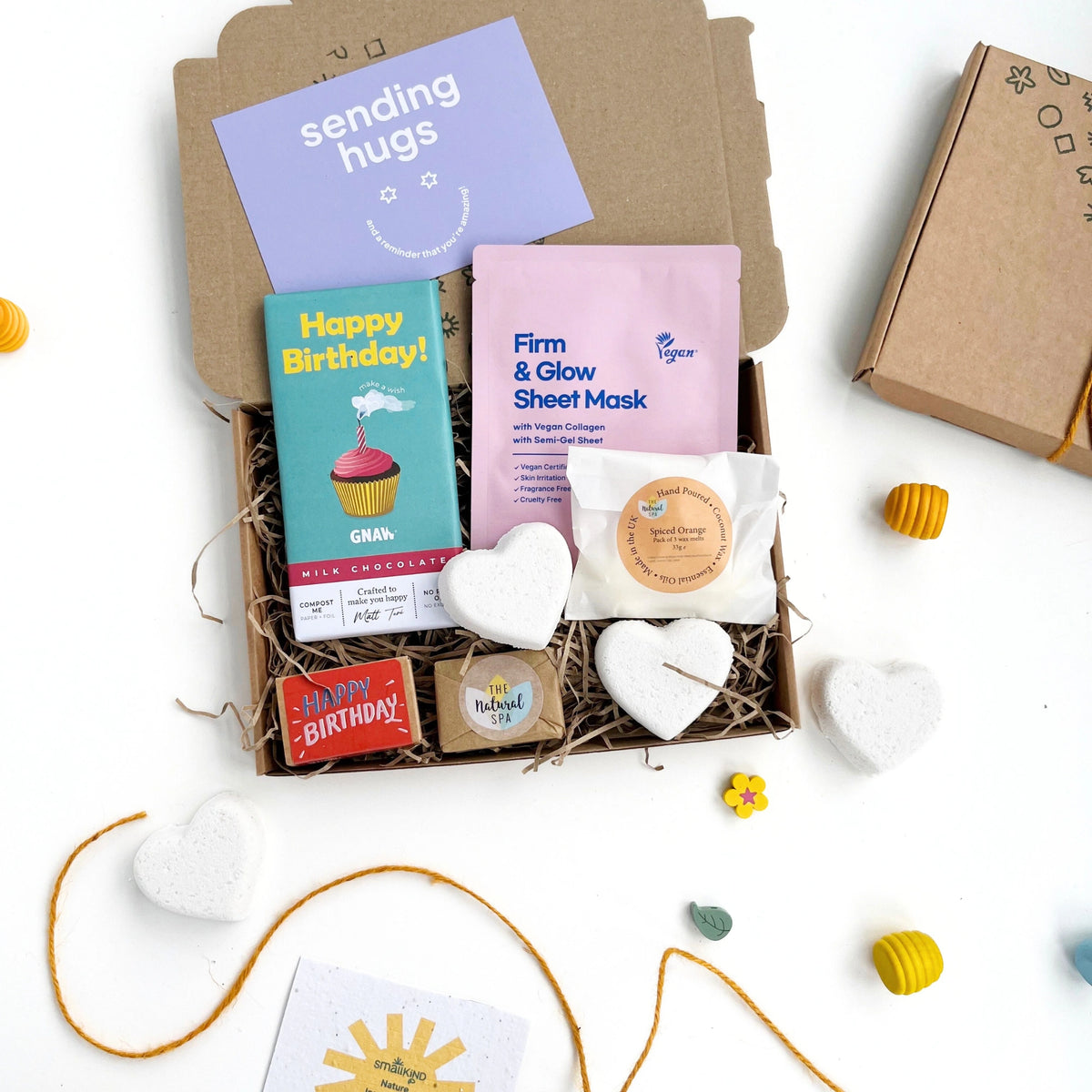 Happy Birthday Letterbox Gift set by Smallkind including mindful pampering products and treats designed to bring a moment of self care and celebration to someone special.