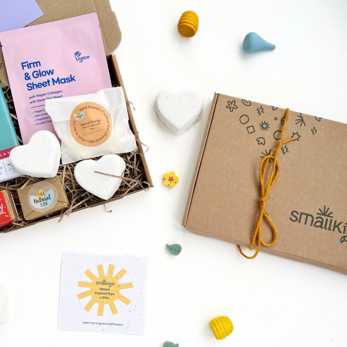 close up of Happy Birthday Letterbox Gift set by Smallkind including mindful pampering products and chocolate