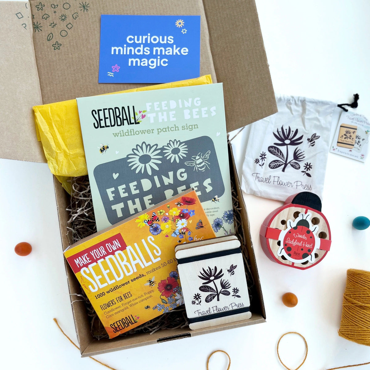 Open Nature Garden Gift Box showing seedball kit, travel flower press, 'Feeding the Bees' sign, ladybird bug hotel, and natural twine, arranged in a cardboard box with a 'curious minds make magic' card.