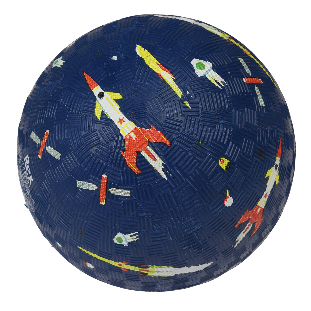 Dark blue toddler play ball with space-themed designs including rockets and planets on a white background