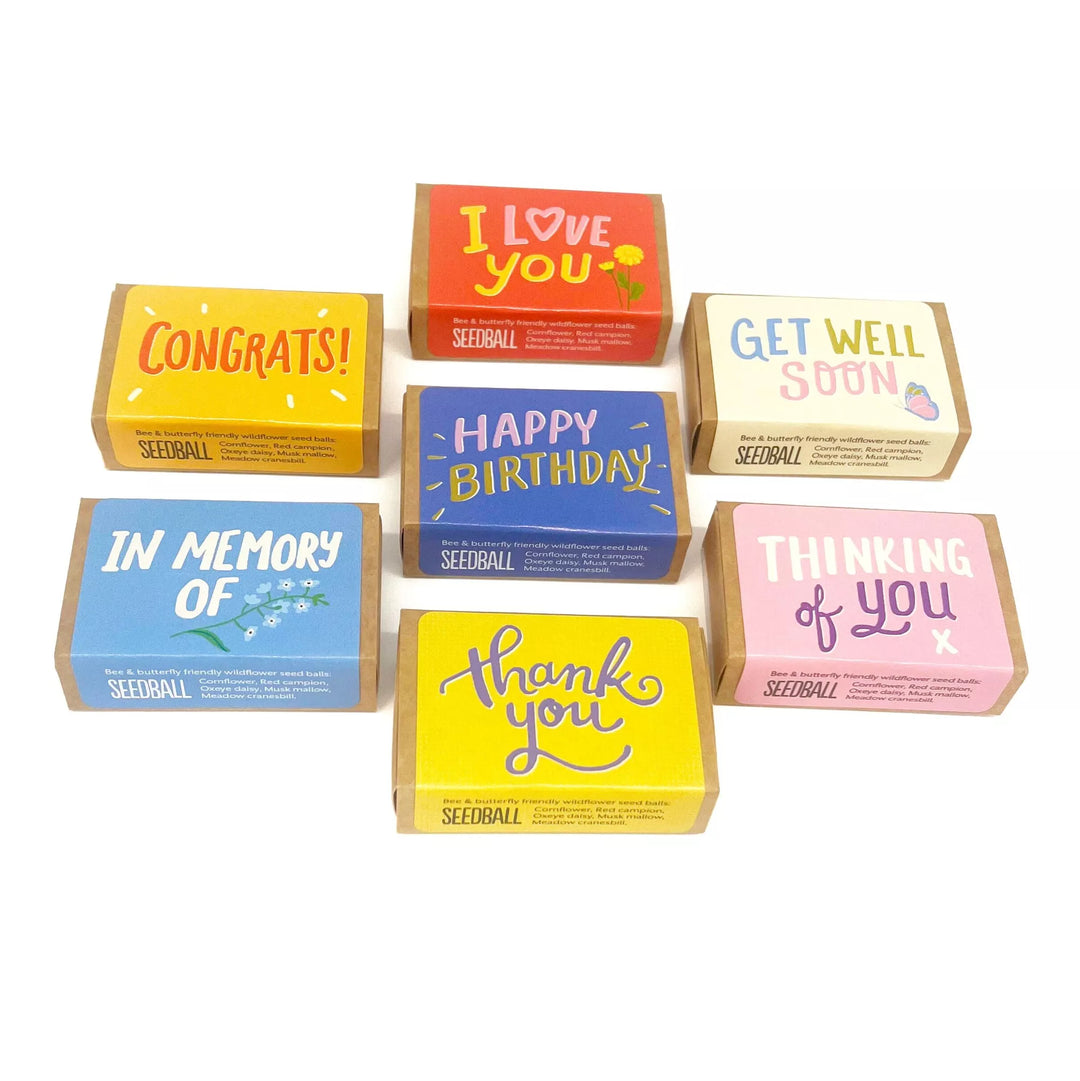 Set of colourful match boxes filled with seed balls and decorated with various messages - Happy Birthday, I Love You, Get Well Soon, Congrats, Thinking of You, Thank You and In Memory Of - on a white background