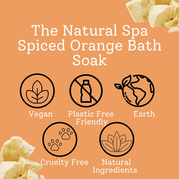 Spiced Orange Bath Soak packaging with icons and text on an orange background