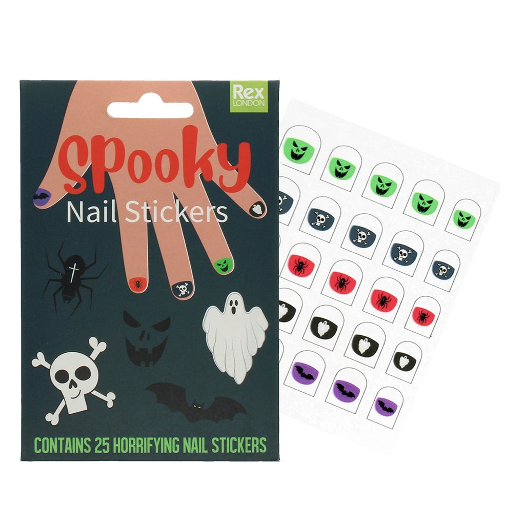 Spooky nail stickers packaging with examples of stickers on a white background. For kids age 3+