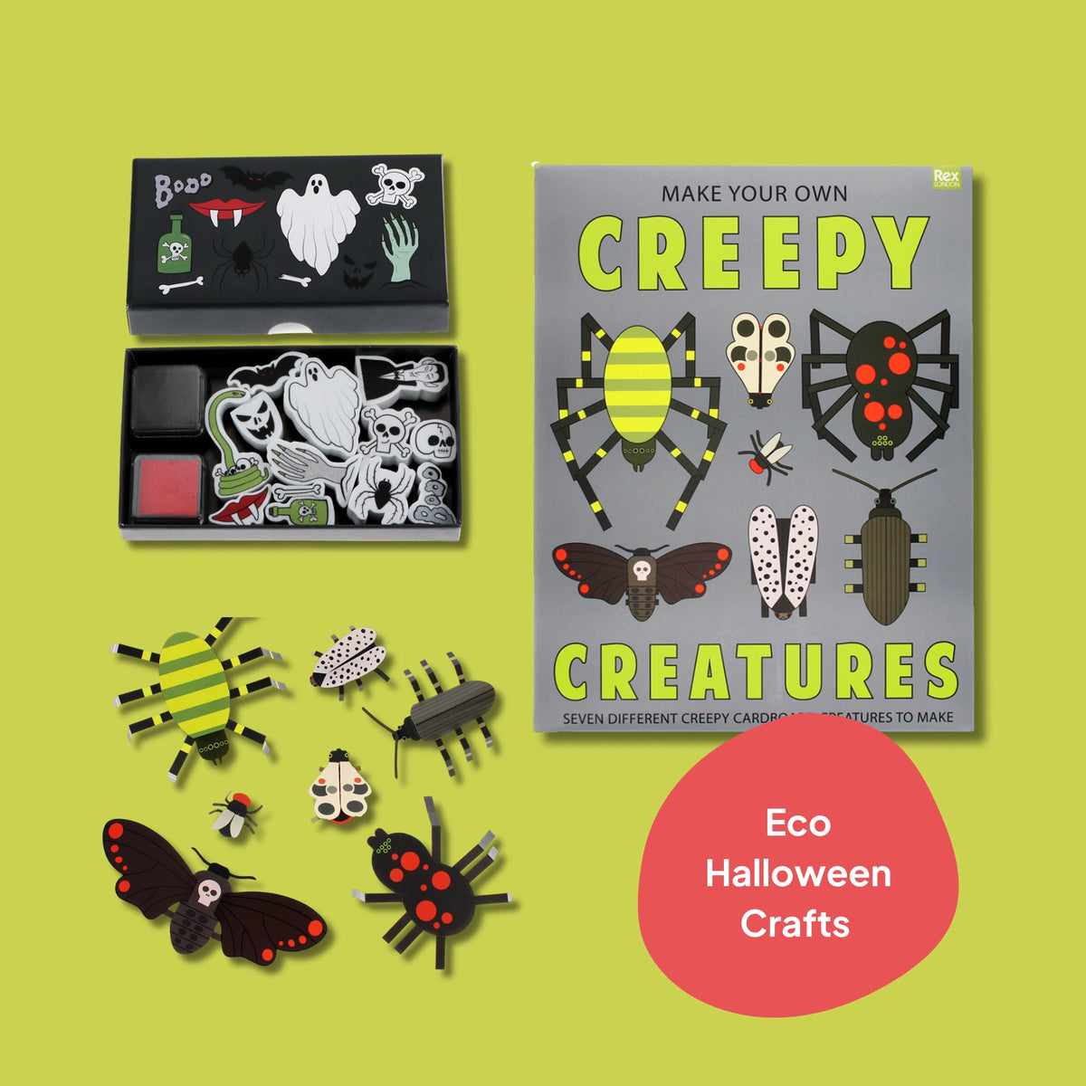 Eco Halloween crafts kit with creepy creature origami and a spooky stamp set on a green background
