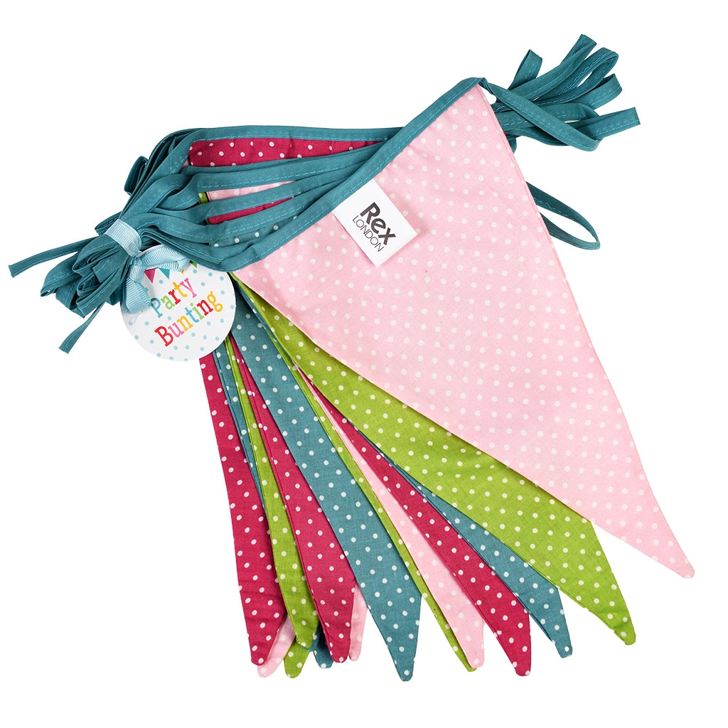 colourful polka dot fabric bunting with a teal green trim. Washable and suitable for outdoor use. 