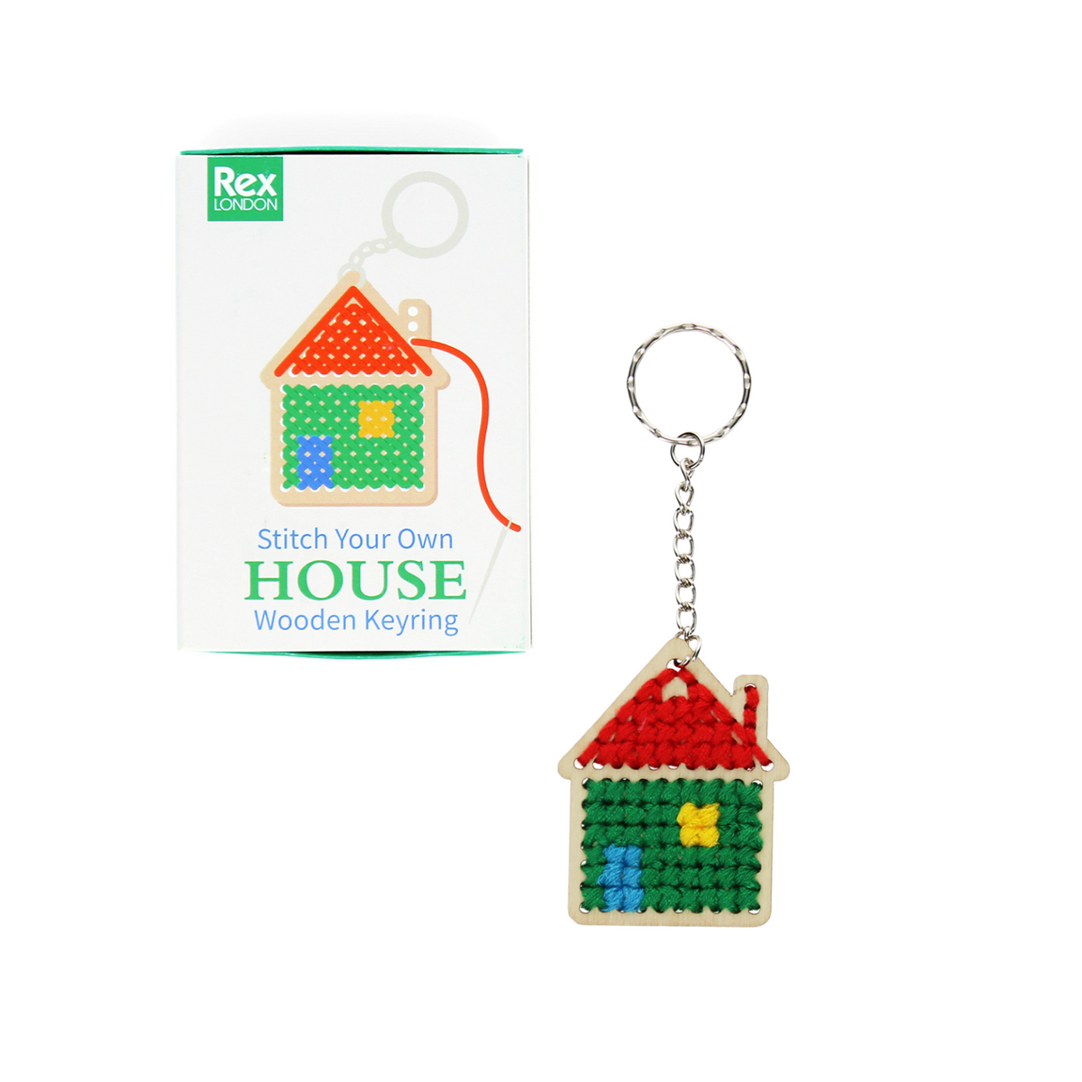 Stitch Your Own Wooden House Keyring by Rex London with a printed gift box. Easy beginner cross stitch kit for age 6 +