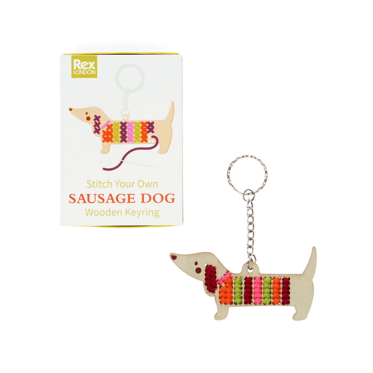 Stitch Your Own Wooden Keyring - Sausage Dog with a gift box