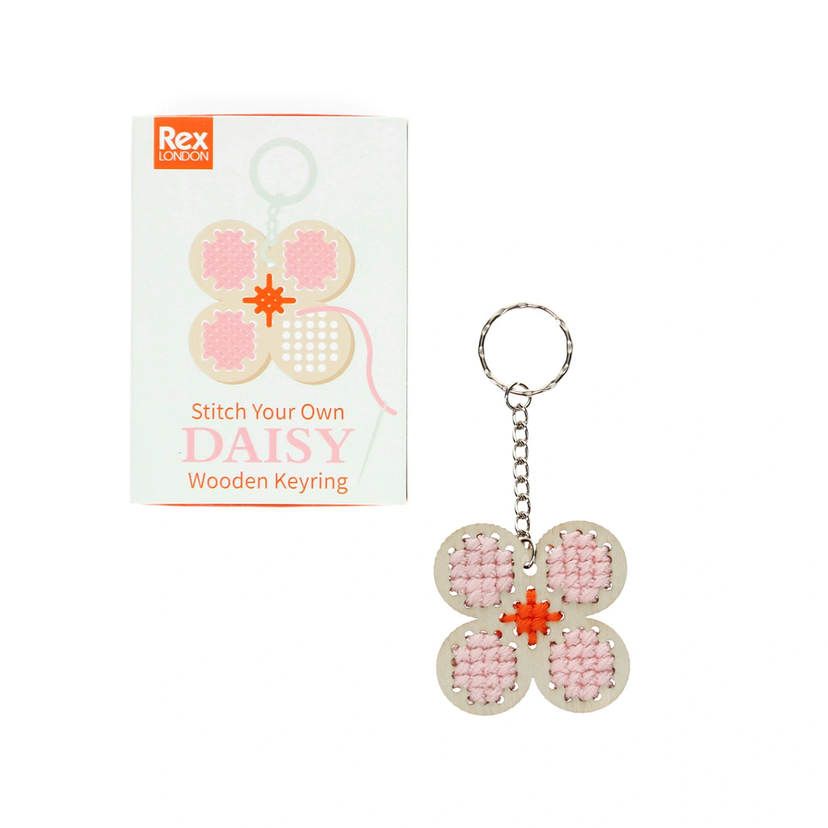 Rex London Stitch Your Own Wooden Daisy Keyring Craft Kit. Cross stitch beginner kit in a gift box. 