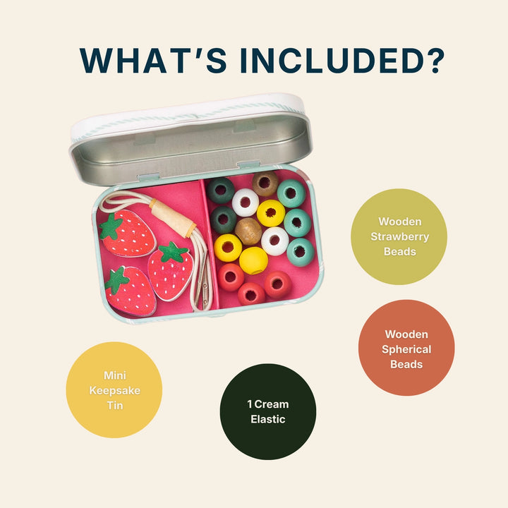 strawberry bracelet making kit ina  tin with the words &