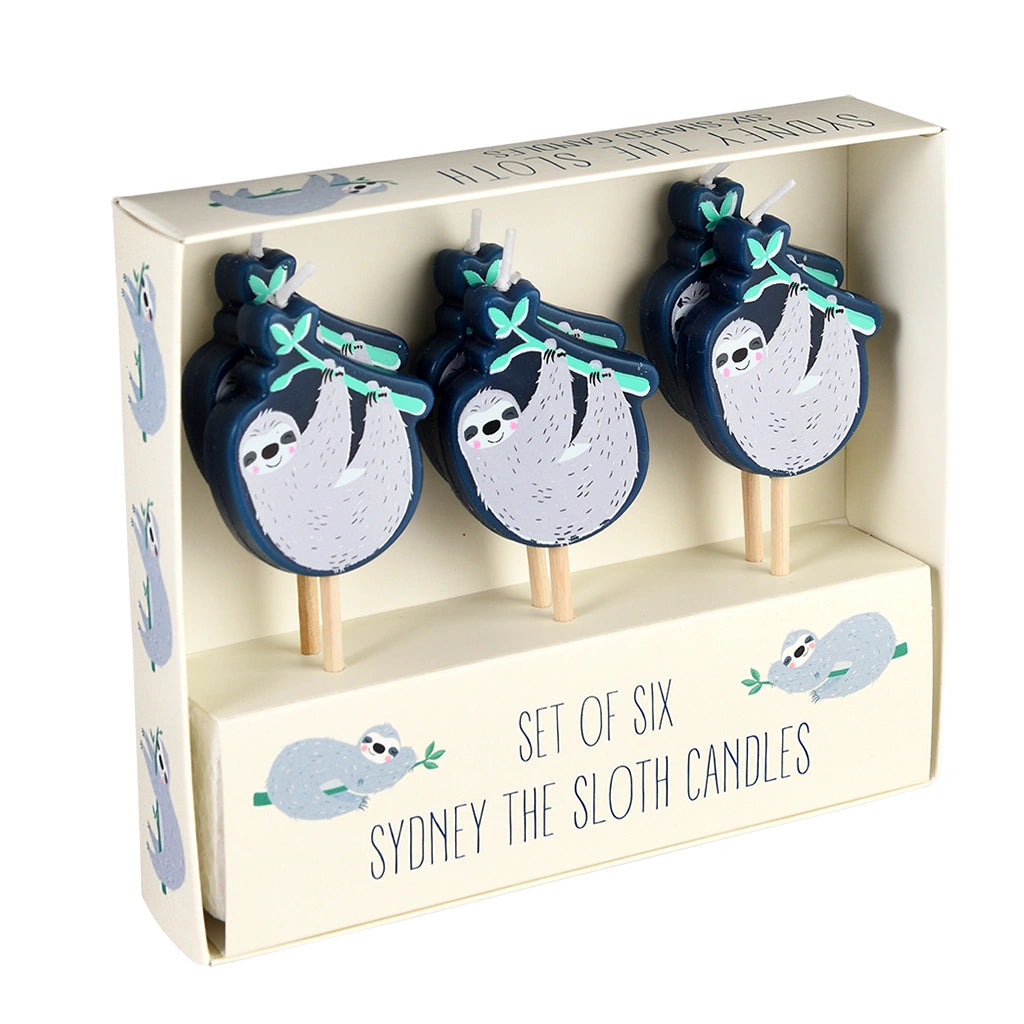 Set of six sloth candles in a decorative box with 'Sydney the Sloth' branding.