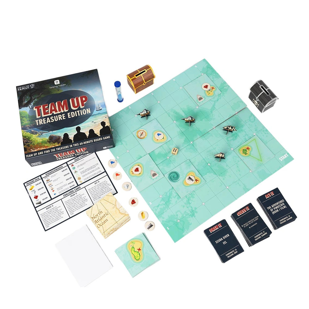 Board game set with 'Team Up Treasure Edition' packaging, game board, pieces, and cards on a white background.
