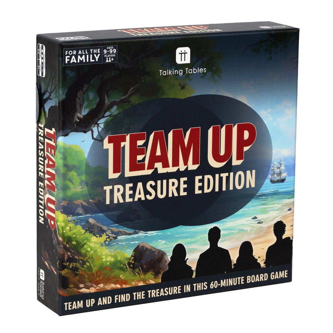 Board game box titled 'Team Up Treasure Edition' by Talking Tables on a white background