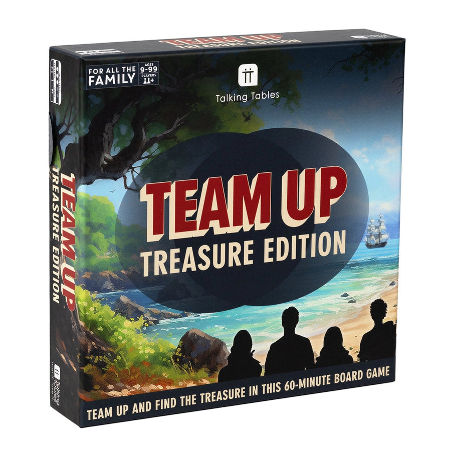 Board game box titled 'Team Up Treasure Edition' by Talking Tables on a white background