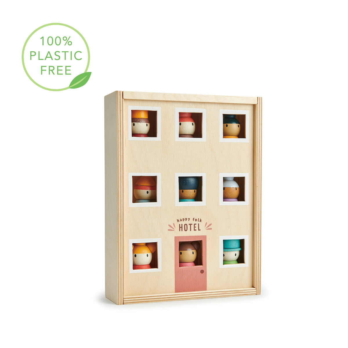 tender leaf happy folk hotel wooden toy. Nine wooden peg dolls with a hotel storage box. Age 3+