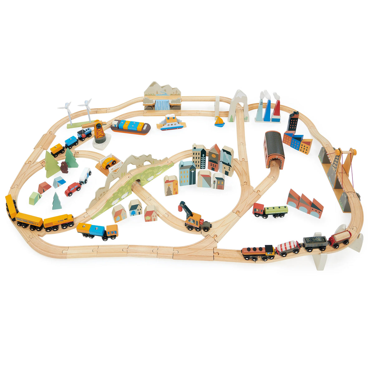 Tender Leaf Toys Mountain View Train Set with building, bridges, vehicles, trains, trees all in a modern scandi style. 