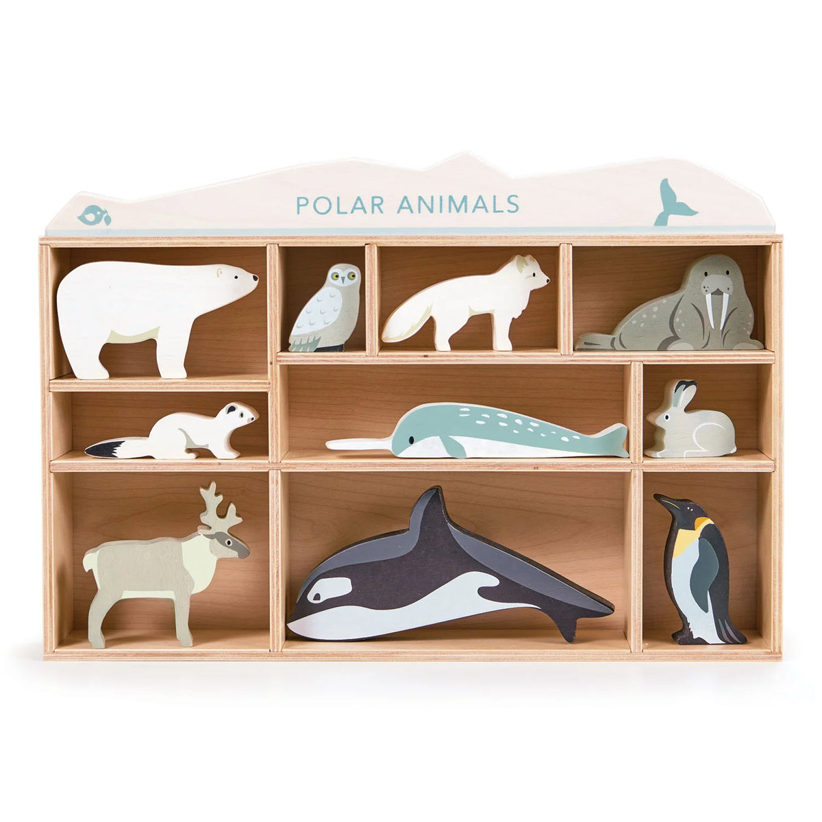 Tender Leaf Polar Animals Shelf Set with  wooden polar creatures in a gorgeous wooden display shelf.for children aged 3 and over.