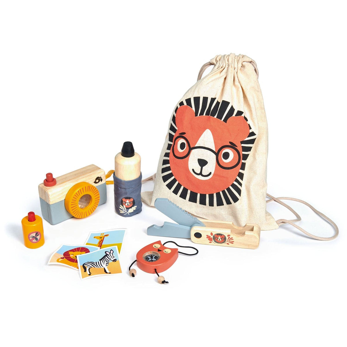 Tender Leaf Safari Adventure Play Set with wooden camera, compass, multi tool, pictures and a drawstring bag.