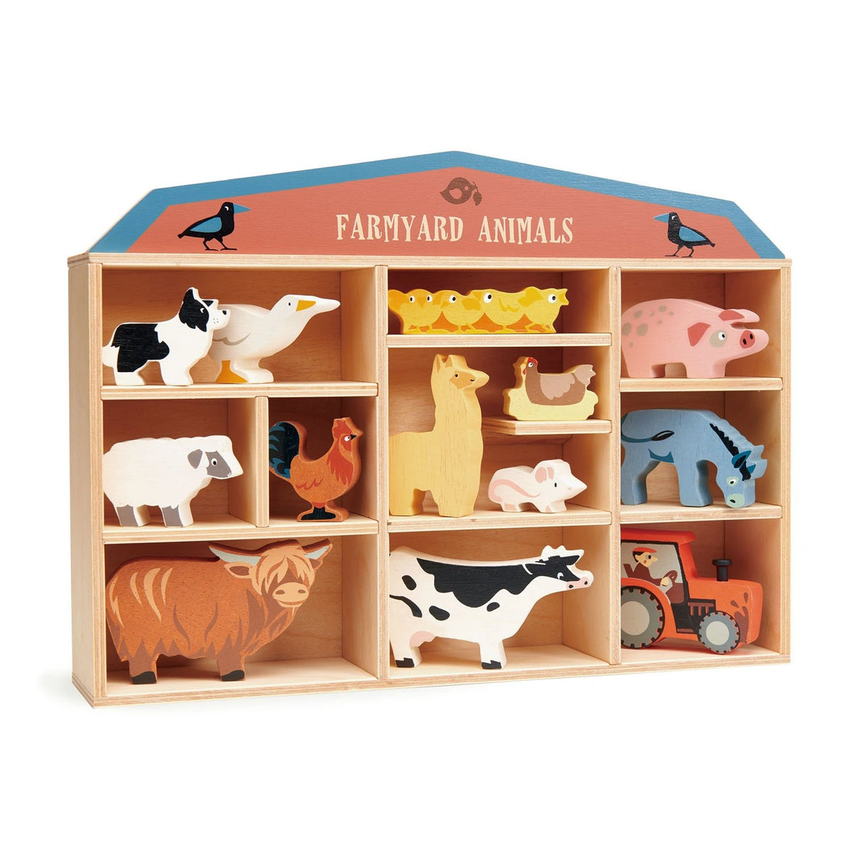 Tender Leaf Farmyard Animals Shelf Set - a collection of beautifully crafted wooden farm animals in its own charming wooden display shelf.
