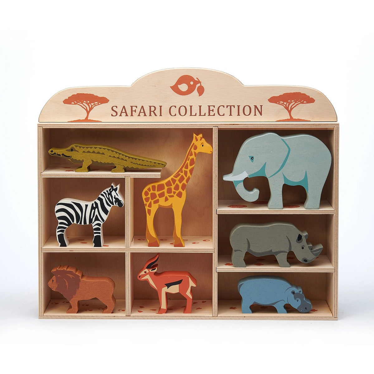 wooden safari animals play figures including alligator, zebra, giraffe, antelope, lion, elephant, rhino and hippo in a wooden display shelf