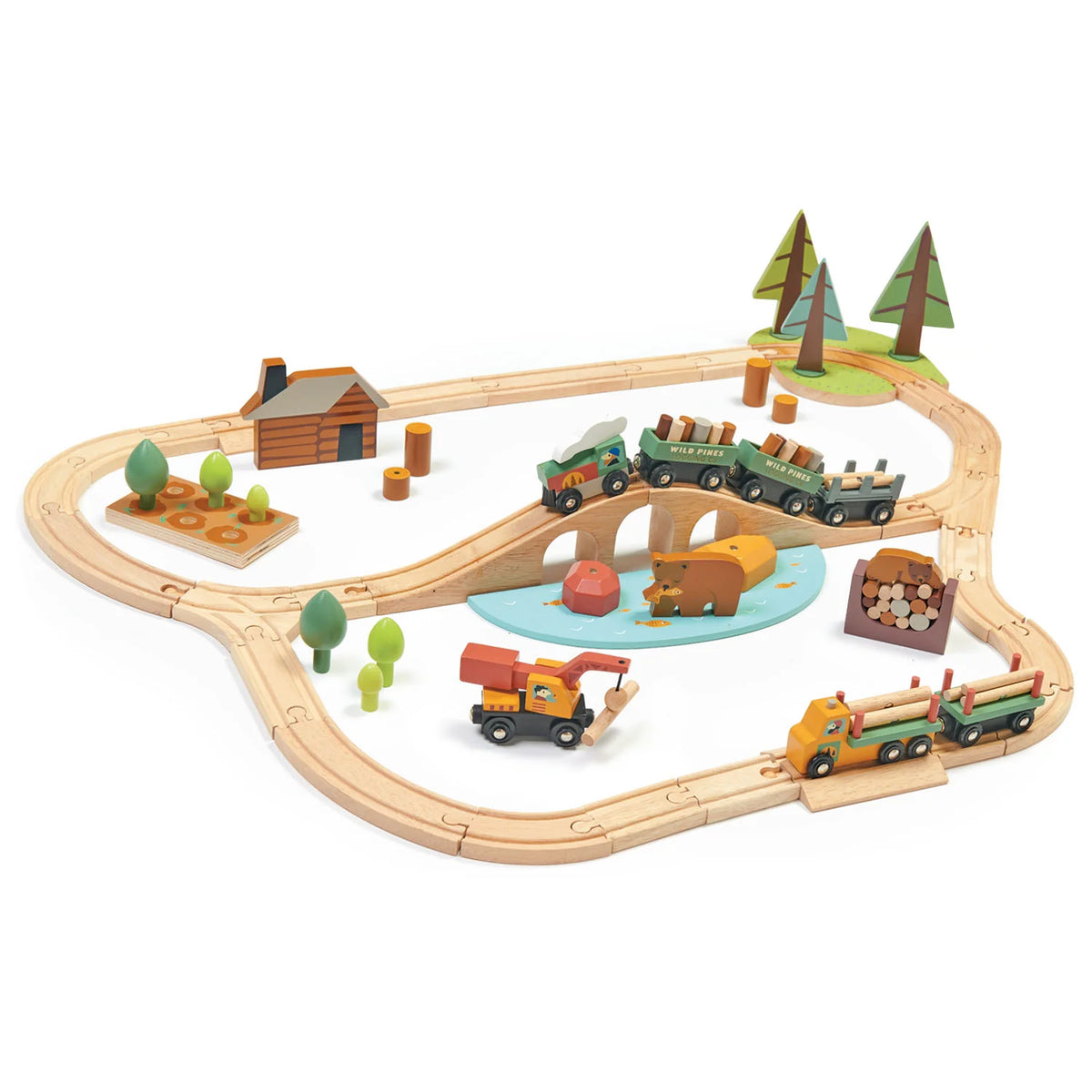 Tender Leaf Wild Pines Train Set. design-led 30-piece wooden toy train set and accessories including trees, vehicles and buildings in a modern scandi style. 