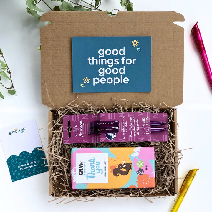 teacher thank you gift box with a 'thank you' chocolate bar and purple recycled pens