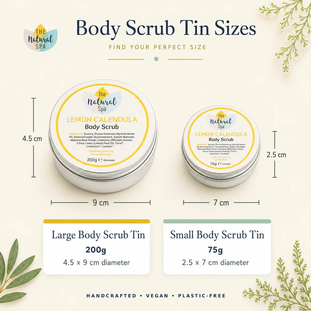 A size comparison graphic for The Natural Spa Lemon Calendula Body Scrub, showing two round metal tins: a large 200g tin measuring 9 cm in diameter and a small 75g tin measuring 7 cm in diameter, with height labels and decorative botanical accents on a light cream background.