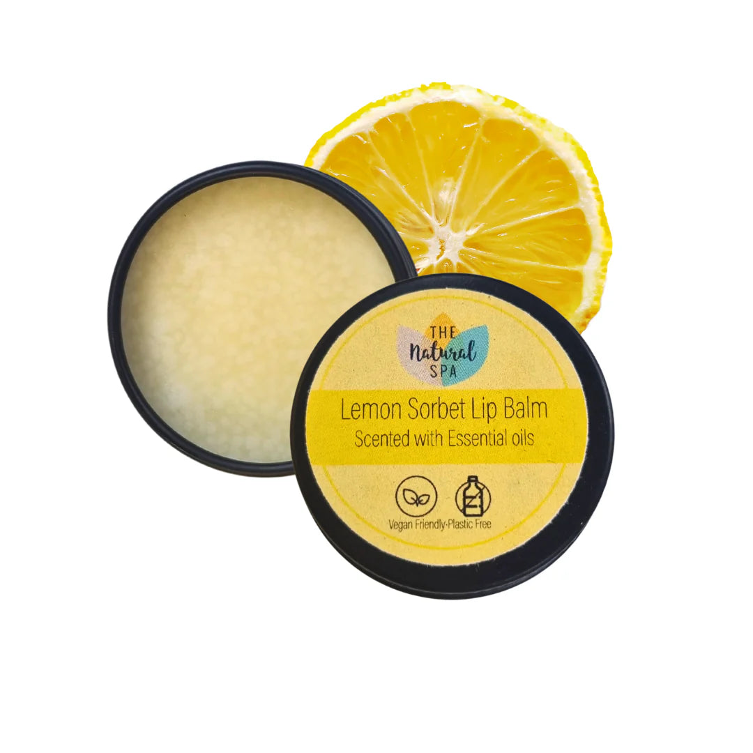 lemon sorbet lip balm in a tin by the natural spa. Made with all natural ingredients and lemon essential oil. Vegan and cruelty free skincare. 