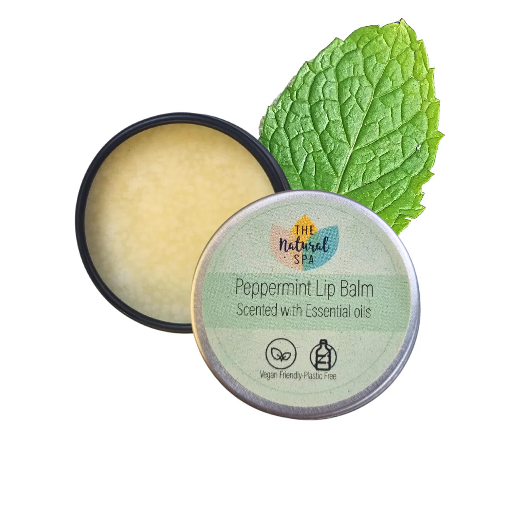 Peppermint Lip Balm in a Tin by the Natural Spa. Scented with essential oils and made with all natural, vegan ingredients. 